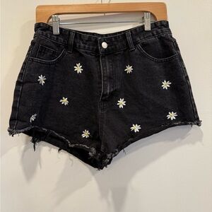 SHEIN Black Jean Shorts with Daisy Embroidery